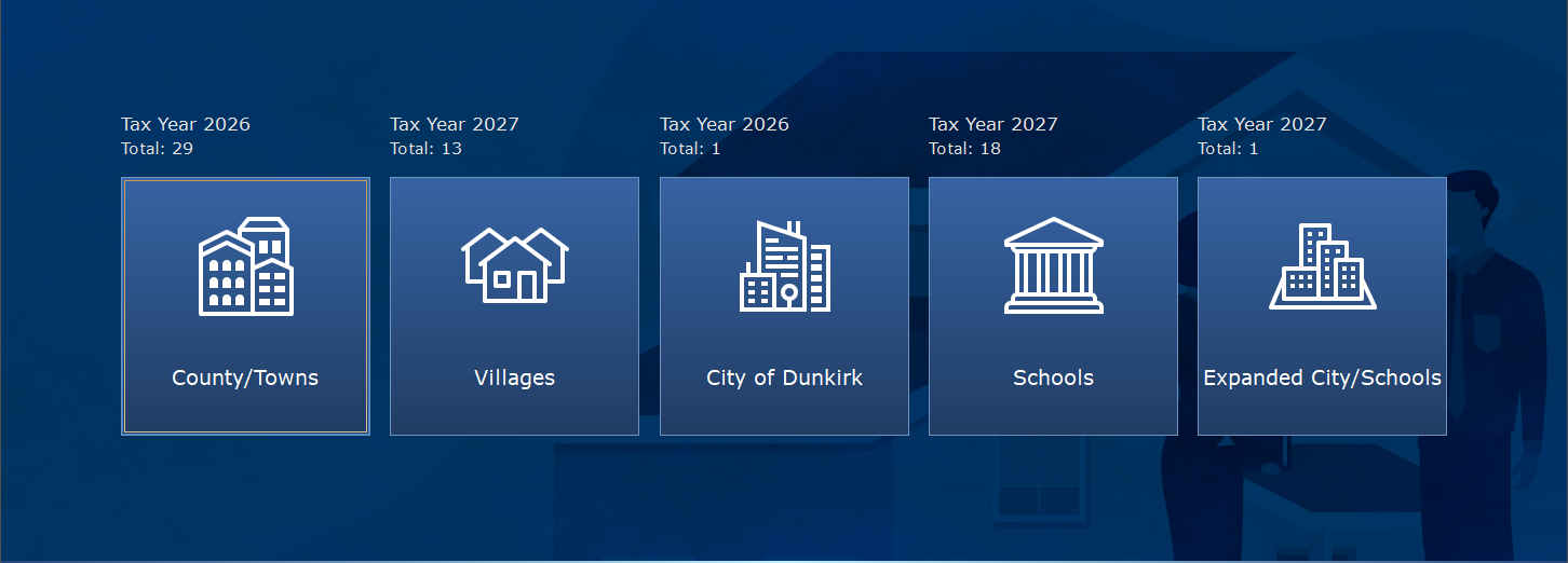 Tax bills management by entity type: County/Towns 29, Villages 13, City of Dunkirk 1, Schools 18, Expanded City/Schools 1, each with its tax year.
