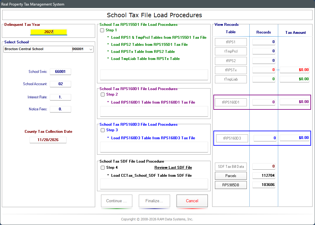 The School Tax File Load Procedures screen: four numbered steps for the RPS155D1, RPS160D1, RPS160D3 and SDF files, with live record counts and tax amounts for each table.