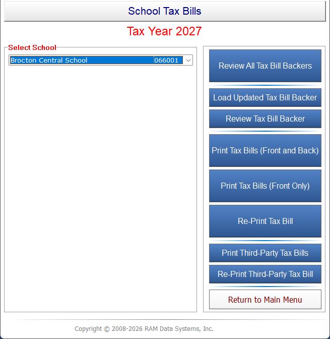 The School Tax Bills screen with buttons to review tax bill backers, print tax bills front and back or front only, reprint a tax bill, and print third-party tax bills.